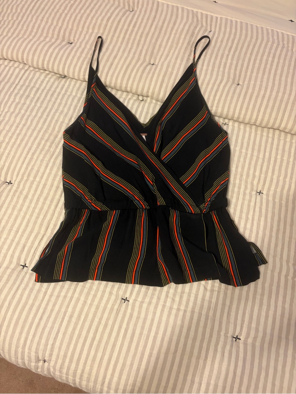 Free People Black Striped V-Neck Peplum Cami Top